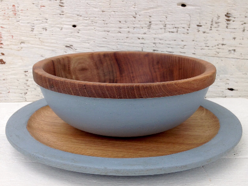 Wooden bowl and plate turned by Jon Hazell and decorated with milk paint.